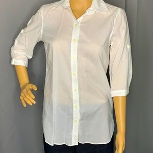 White linen button down shirt with adjustable sleeves